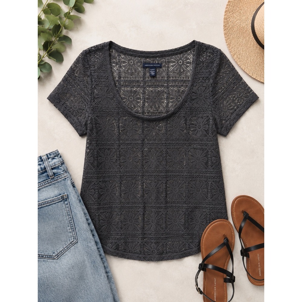 American Eagle Gray Lace Crochet Scoop Neck Short Sleeve Top Sheer Boho S/P